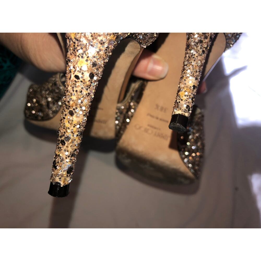 Jimmy Choo Emily Gold Glitter Sandals Strappy Heel 38.5 US 8.5 Criss Cross Heels - Picture 9 of 12